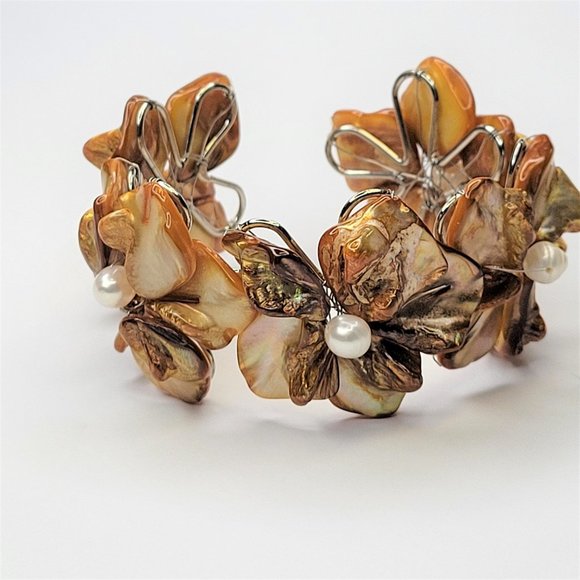Orange Adjustable Cuff Bracelet with with Dyed Shell Petals & Pearls Bangle - Picture 8 of 15